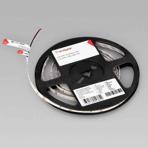 Лента светодиодная RT-A120-8mm 24V White6000 (14.4 W/m, IP20, 2835, 5m) (Arlight, Открытый)