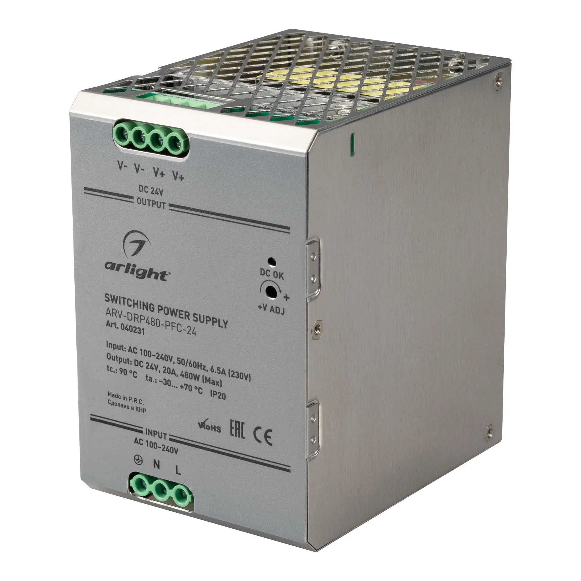 Блок питания ARV-DRP480-PFC-24 (24V, 20A, 480W) (Arlight, IP20 Металл, 5 лет) - изображение товара